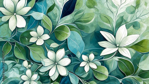 Abstract floral background with flowers in blue, green and white tones. photo