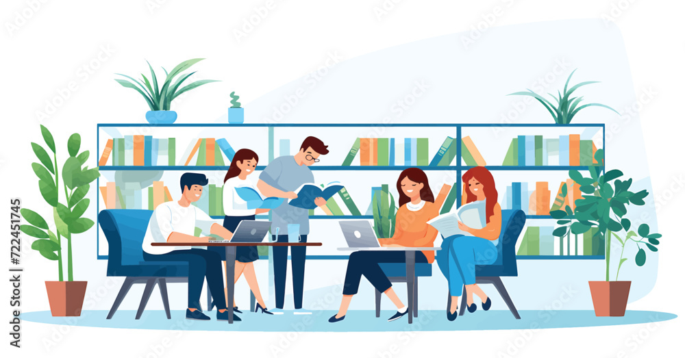 Vector illustration of students meeting in the library to exchange learning.