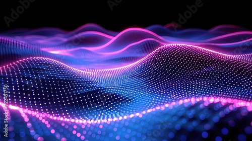 Abstract wave made out of grids that are seen from a cinematic view of one of the holy geometry shapes, the shape is clearly animated, clear neon lines, 3d render, nothingness. Wallpaper, pattern.