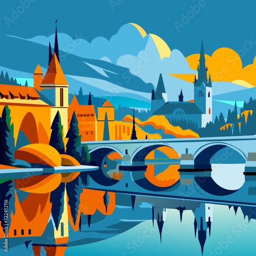 landscape with houses and mountains and river treflections, picturesque scene a tranquil lake, majestic mountain range. Incorporate a clear sky with fluffy clouds 