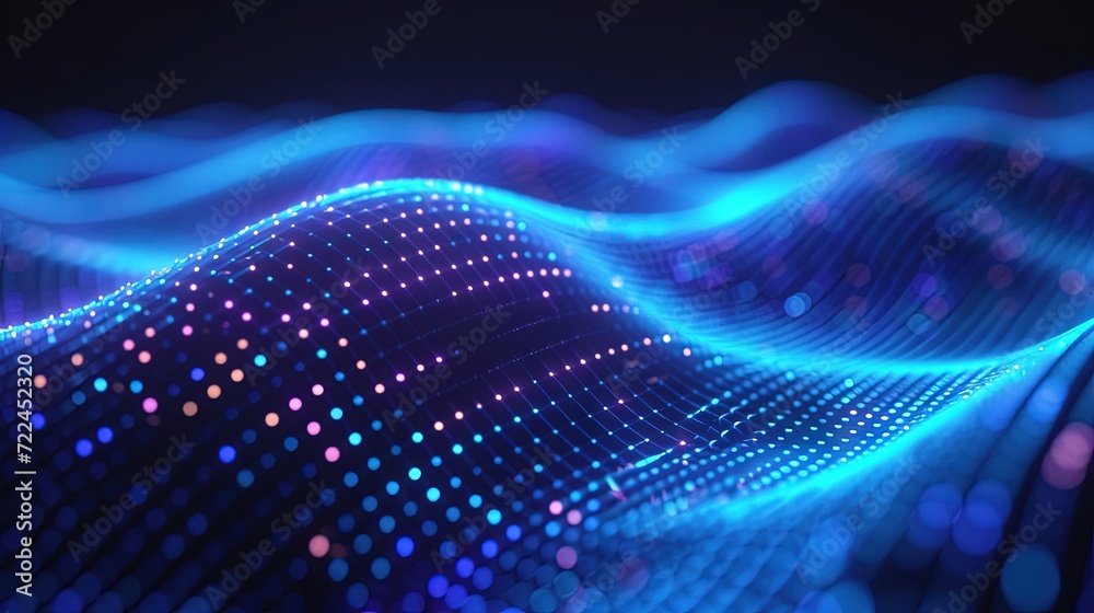 Obraz premium Abstract wave made out of grids that are seen from a cinematic view of one of the holy geometry shapes, the shape is clearly animated, clear neon lines, 3d render, nothingness. Wallpaper, pattern.