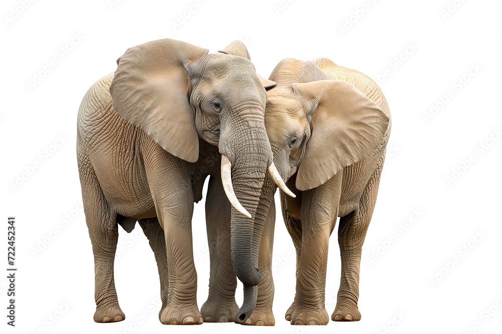 Two embracing elephants. Couple of wild animals together, isolated on white background. Safari animals