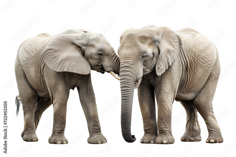 Two elephants. Couple of wild animals together, isolated on white background. Safari animals