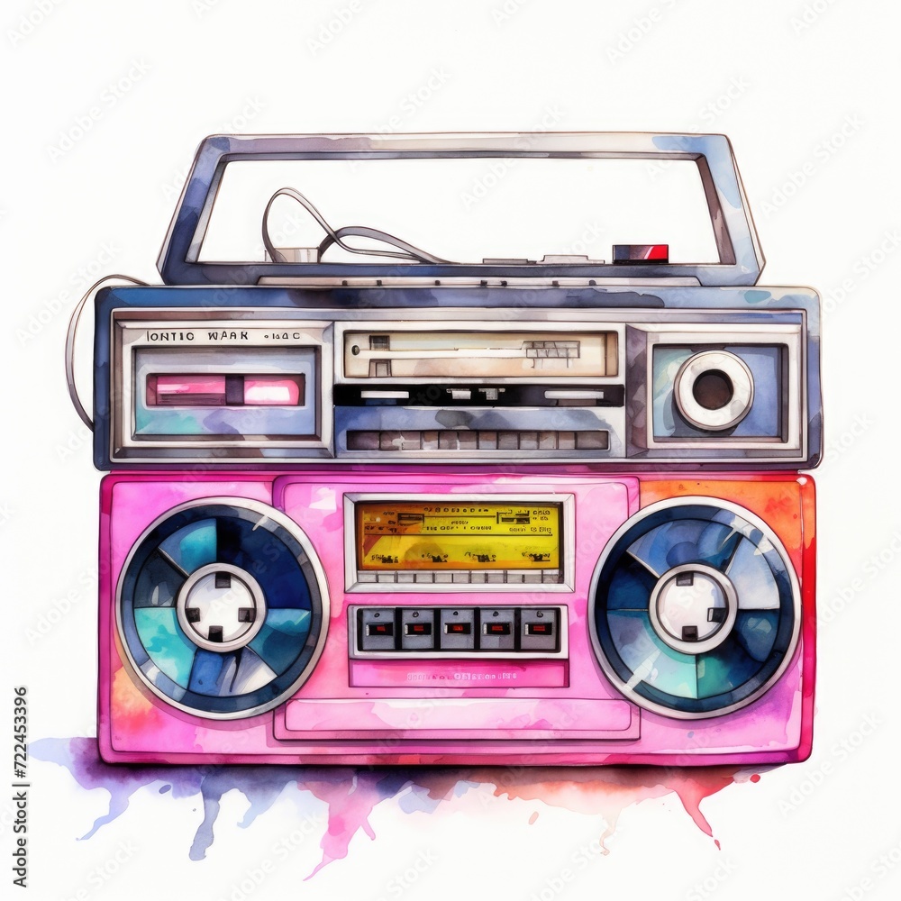 Obraz premium Watercolor-Style 1980s nostalgic cassette player with White Background