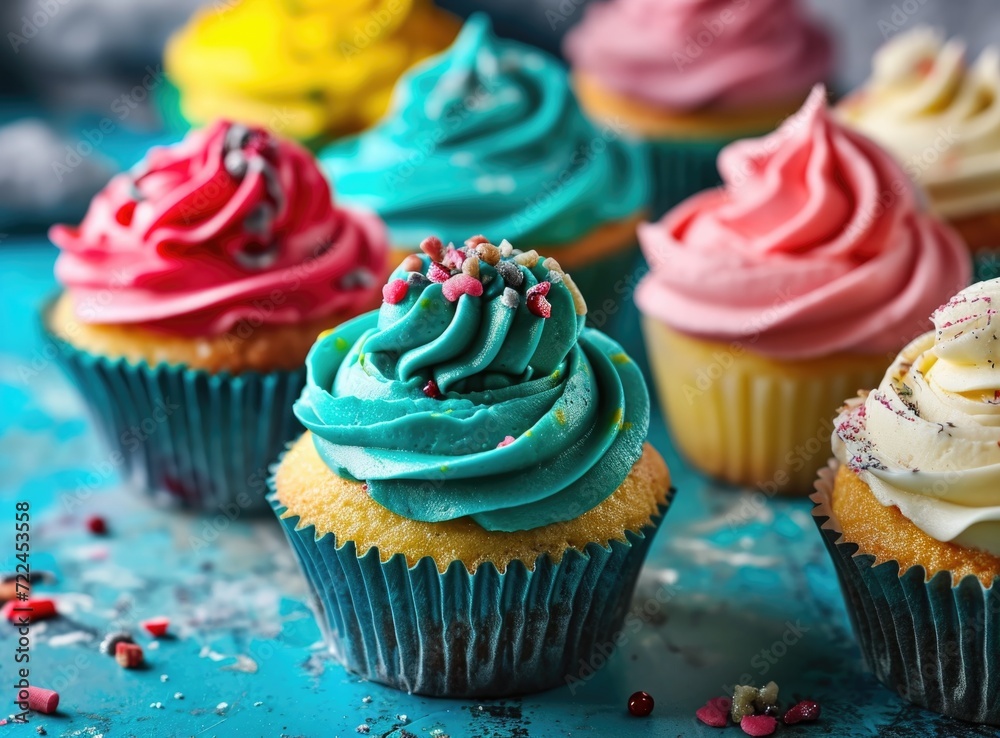 Colorful cupcakes topped with a generous swirl of vibrantly colored icing. Adorned with multicolored sprinkles, exude a festive and indulgent atmosphere.