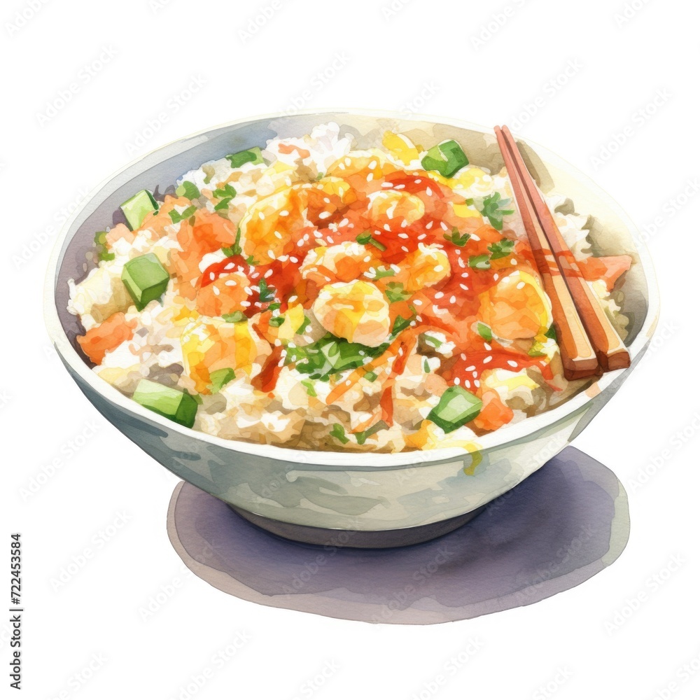 Watercolor-Style a bowl of fried rice with White Background