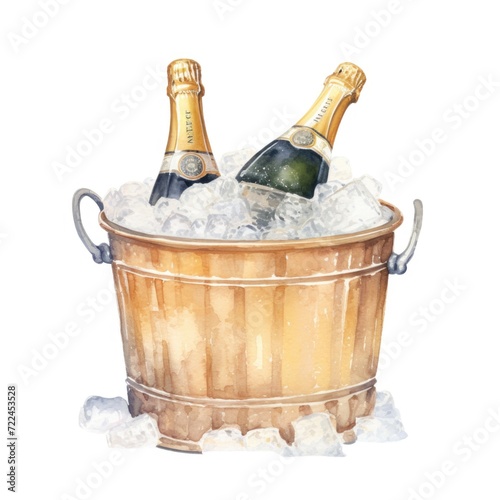 Watercolor-Style a bottle of champagne in a cooler bucket with ice with White Background