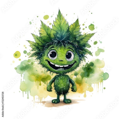 Watercolor-Style a Cute Cartoon Marijuana Character with White Background