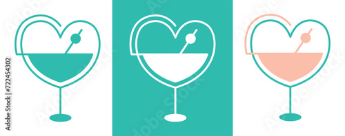 Set with heart - shaped martini glasses. Simple romantic design element, cute isolated glasses of drinks in collection. Graphic symbol for logo, emblem, icon, other. Vector illustration.