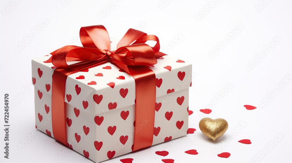 “A Beautifully Wrapped Gift Box with Red Heart Patterns, a Silky Ribbon, and a Golden Heart for Special Occasions