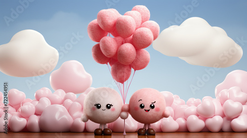 wo Adorable Characters Holding a Bunch of Heart-Shaped Balloons, Surrounded by a Sea of Pink Hearts Under a Sky with Fluffy Clouds