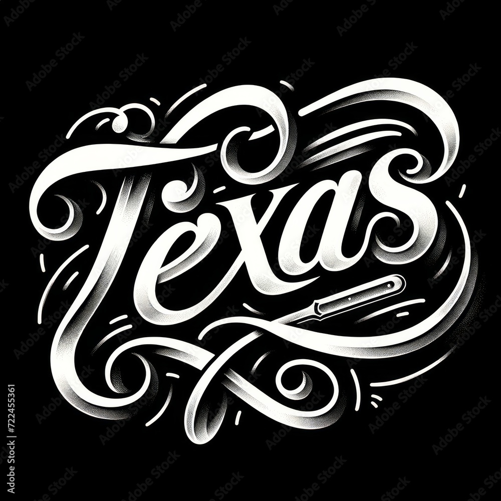 Elegant calligraphy style Texas text in white on black Elegant calligraphy style Texas text in white on black