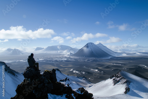 An unrecognizable person in a large snowy and mountainous landscape in Iceland. Concept of serenity and nature.