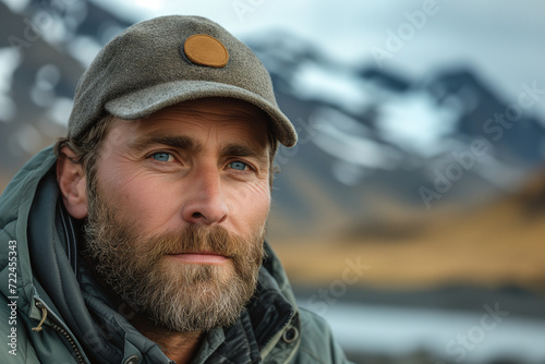 Portrait of a traveler with a cold weather cap on his trip to Iceland. Concept of adventure and people.