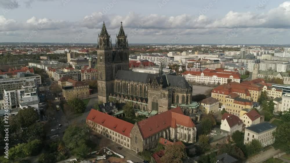 Aerial view of Magdeburg, cathedral in the foreground, view towards the city center, cathedral square with the state parliament building. Aerial view of Magdeburg, cathedral in the foreground, view towards the city center, cathedral square with the state parliament building.