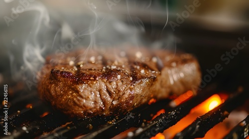  sizzling steak on a grill, showcasing the delicious char marks and enticing aroma photo