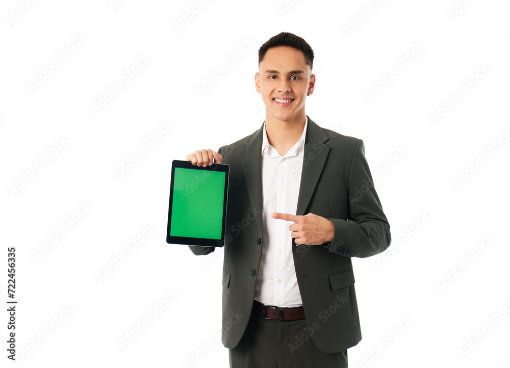 young businessman shows tablet with green screen isolated on white background young businessman shows tablet with green screen isolated on white background