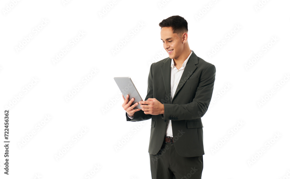 young male latino businessman using tablet to manage his business isolated on white background