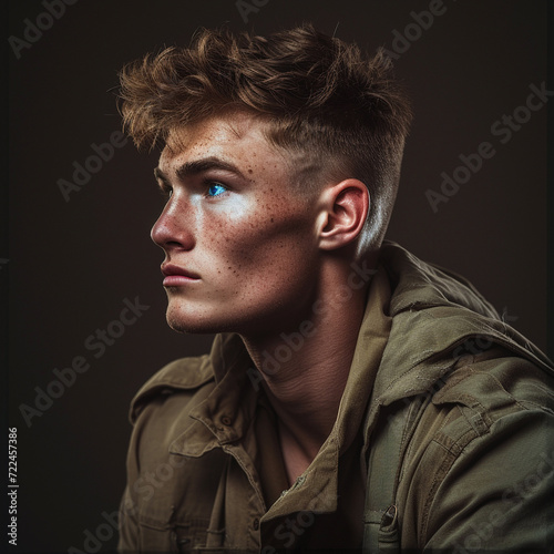 Photo of a young man with a athletic build, a model haircut, a decisive, strong-willed face, blue eyes photo