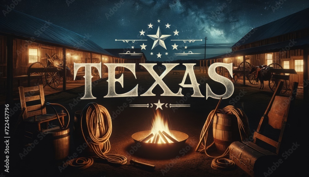 Night Camp in Texas with Starry Sky | Western Cowboy Scene - obrazy, fototapety, plakaty 