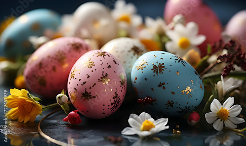 Colored Easter eggs with a golden pattern surrounded by spring flowers on a dark background, Easter holiday