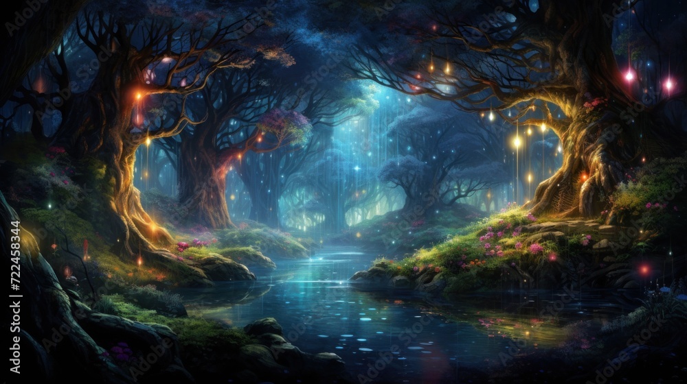 Enchanted forest scenery with mystical lights and vibrant flora. Fantasy world background.