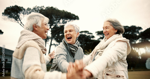 Lawn bowling, senior women and high five with sport motivation and celebration outdoor. Winner, elderly friends and female group with exercise, fitness and workout in a garden for wellness and health