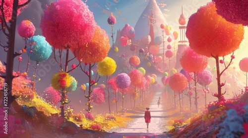 Illustration of a girl walking in a fantasy fantasy landscape photo
