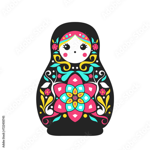 Matryoshka doll wearing black floral dress with flower decoration, Russian folk craft nesting doll, Babushka doll, Russian dolls