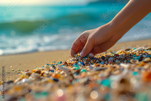 Woman collect micro plastics collects plastic from beach sand. Environment, pollution, plastic waste concept photo