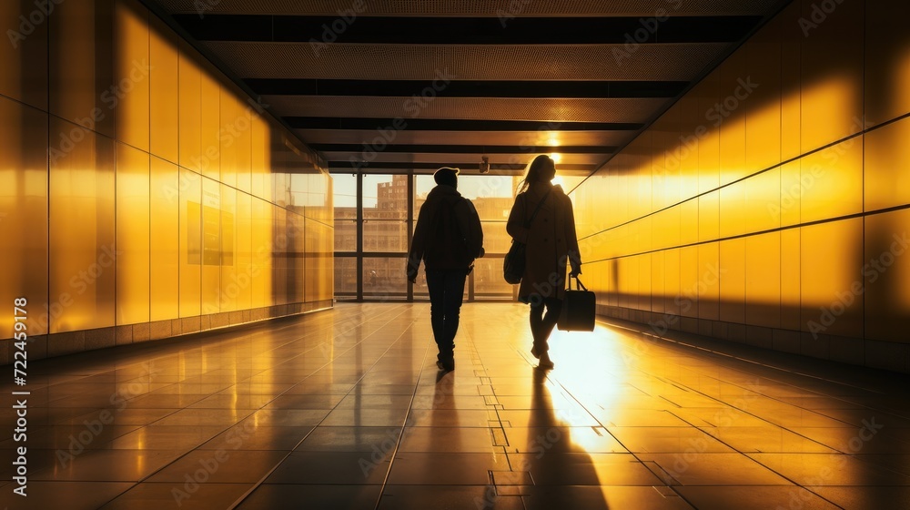 Two people walking down an empty hallway at sunset. Generative AI.
