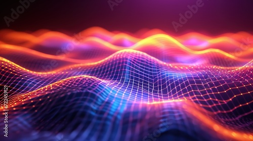Abstract wave made out of grids that are seen from a cinematic view of one of the holy geometry shapes  the shape is clearly animated  clear neon lines  3d render  nothingness. Wallpaper  pattern.