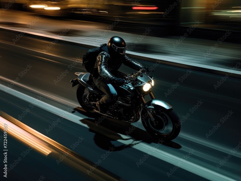 A person riding a motorcycle on a city street at night. Generative AI.