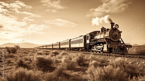 A sepia photo of a train traveling through the desert. Generative AI.