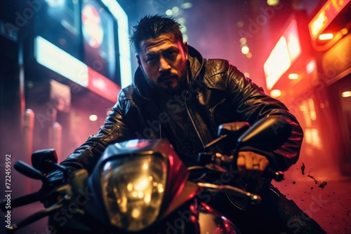 A man in leather jacket riding a motorcycle at night. Generative AI.