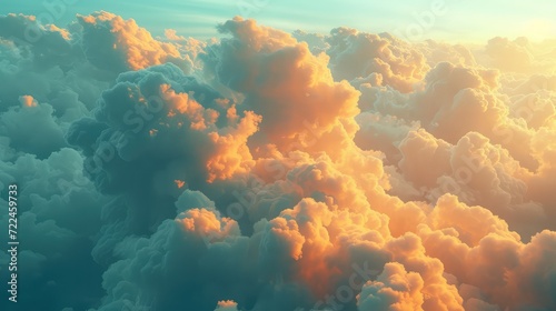 Large white and blue clouds against a soft sky background, top view of a white cloudy sky through the rays of the sun.