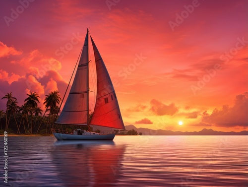 A sailboat is sailing on the ocean at sunset. Generative AI.