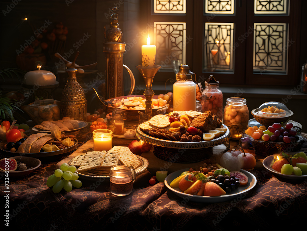 Full table with traditional islamic food at evening, ramadan celebration concept 