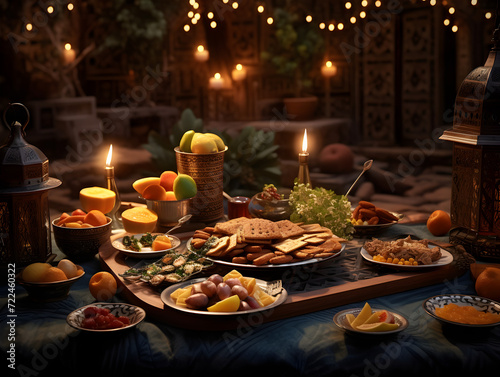 Full table with traditional islamic food at evening, ramadan celebration concept 