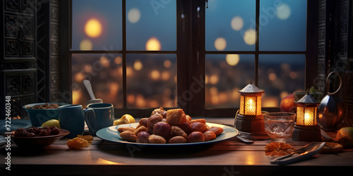 Full table with traditional islamic food at evening, ramadan celebration concept  photo