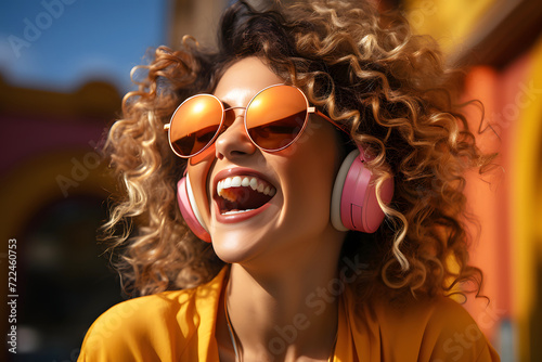 happy beautiful woman in glasses with headphones listens to music emotionally