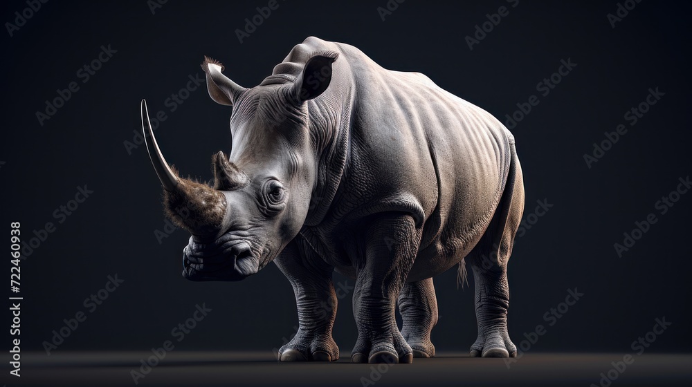 Obraz premium a rhinoceros standing on a black background with it's head turned to the side and it's nose slightly open.