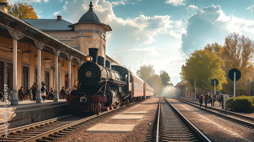Vintage locomotive at an enchanting historic train station. Passengers in period attire add charm to the scene.