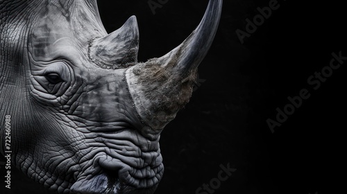  a close up of a rhino's face with it's head turned to the side with a black background.
