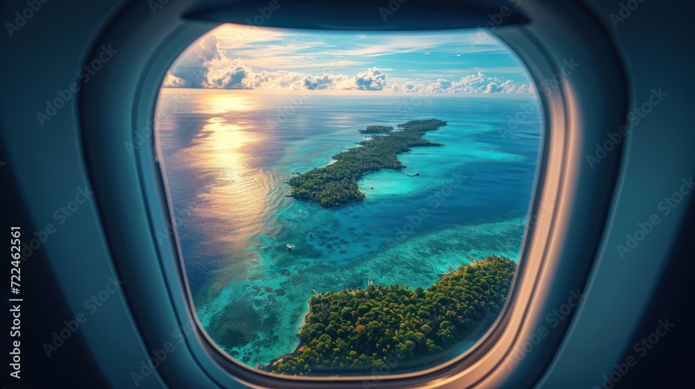 the view out of an airplane window shows a small island in the middle of a body of water and an island in the middle of the ocean. the view out of an airplane window shows a small island in the middle of a body of water and an island in the middle of the ocean.