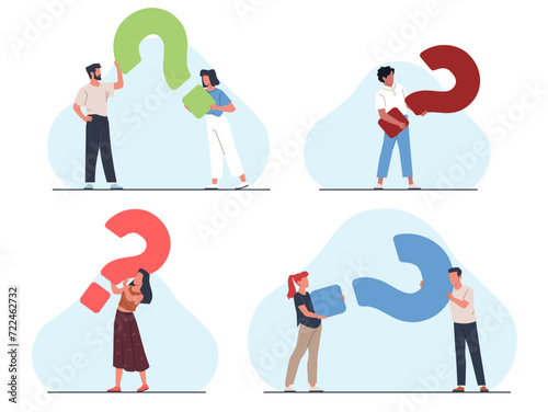 Set of men and women holding large question marks. People solving problems and finding new opportunities. FAQ service, thinking characters, find answer, cartoon isolated vector concept