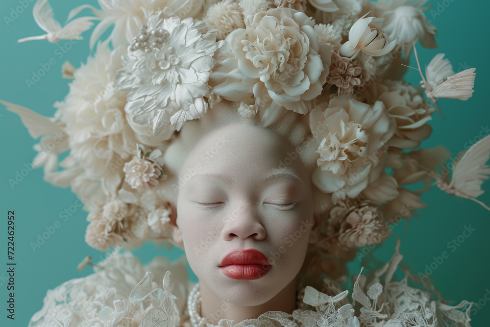 Captivating Portrait of an Albino Person Embracing Individuality,Confidence, and the Beauty of Diversity - artwork of woman. Professional photography of a young beautiful albino female with decoration Captivating Portrait of an Albino Person Embracing Individuality,Confidence, and the Beauty of Diversity - artwork of woman. Professional photography of a young beautiful albino female with decoration