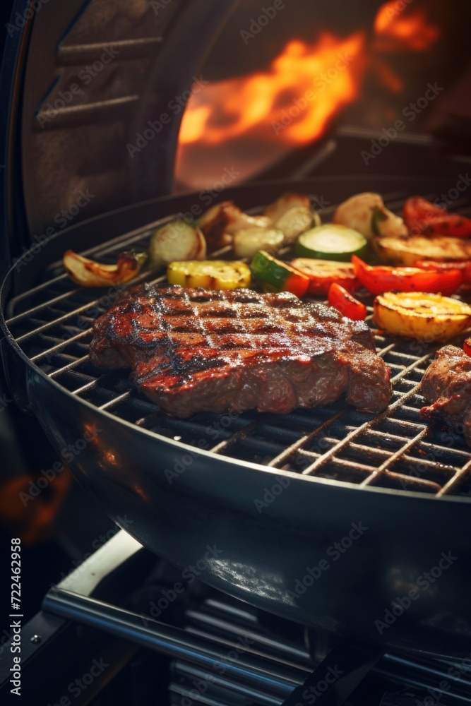A delicious steak and vegetables cooking on a grill. Perfect for BBQ parties and outdoor dining A delicious steak and vegetables cooking on a grill. Perfect for BBQ parties and outdoor dining