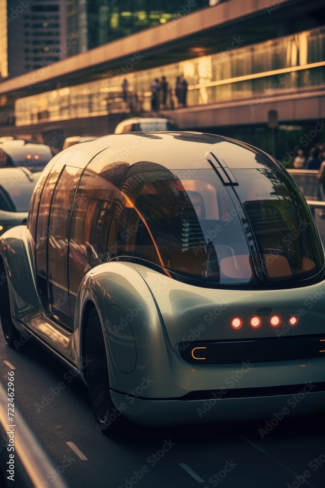 A futuristic car is seen driving down a busy city street. This image can be used to depict the future of transportation and urban life A futuristic car is seen driving down a busy city street. This image can be used to depict the future of transportation and urban life
