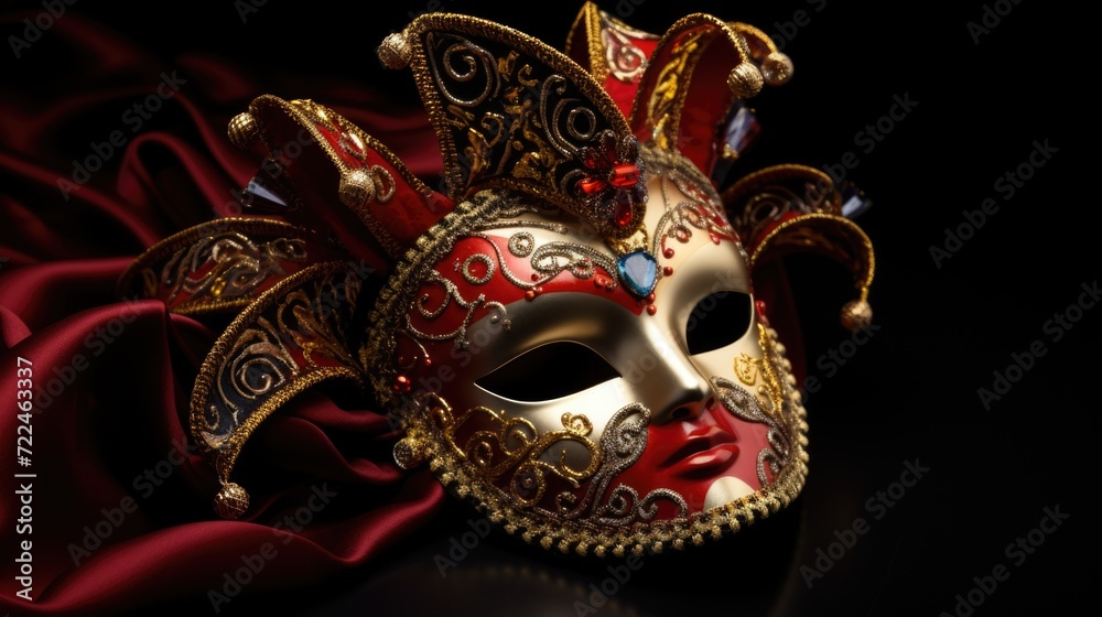 A vibrant red and gold mask rests on a rich red cloth. Perfect for masquerade parties or theatrical productions